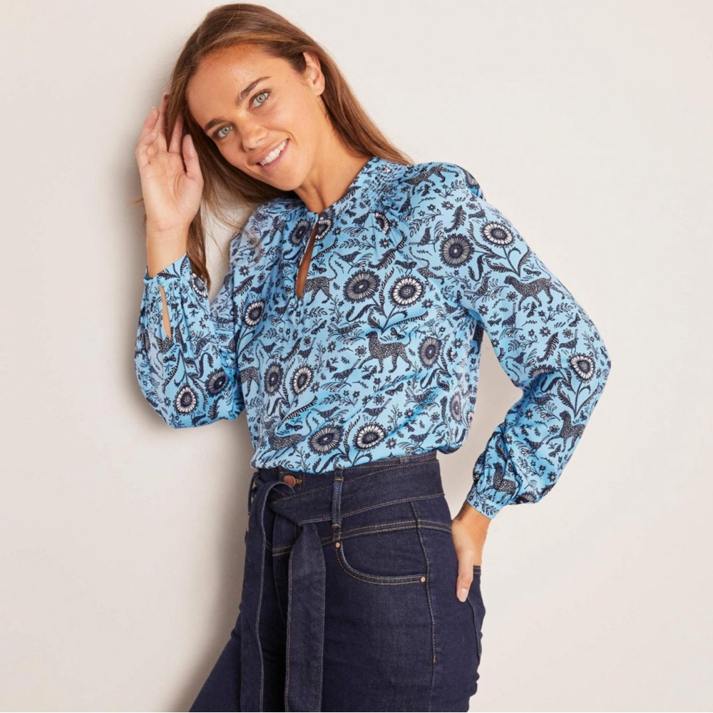 Boden Kitty smocked neck blue blouse